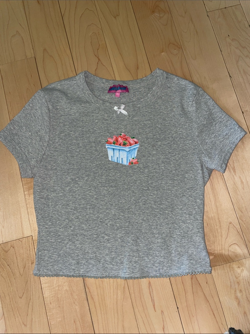 Edikted medium Gray Crop Tee with Strawberry Basket Graphic baby tee